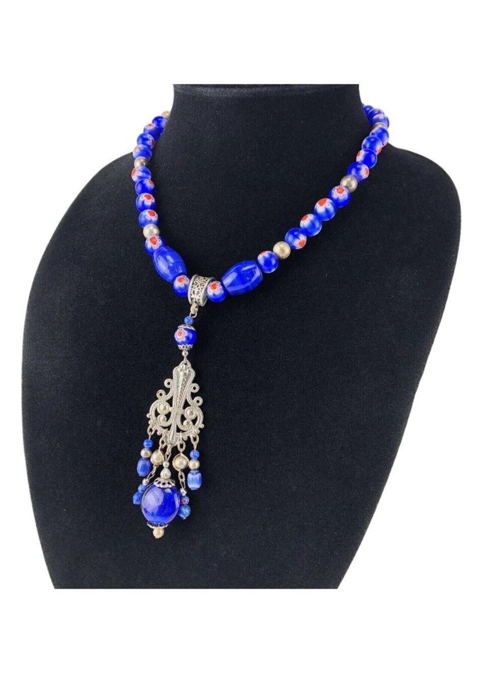 Necklace Magnetic Cobalt Blue Glass 16" plus Tassel Silver-tone